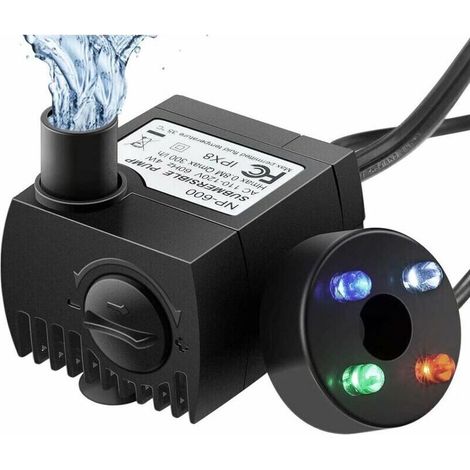 Aquariumpumpe Mit 4 Farbigen Led-lichtern, 300 L/h, Trockenlaufsicher (48 Stunden), Für Teich, Springbrunnen Und Garten, Leise.