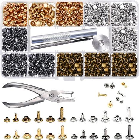 Leder-nieten 480er Set, 3 Größen, Doppel-niet, Metall-hohlnieten Mit 3-teiligem Befestigungswerkzeug Und Lochzange Für Lederhandwerk Diy, Ersatznieten In 4 Farben