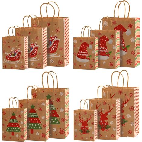 Weihnachtsgeschenktüte, 12 Stück Papiertüten Aus Kraftpapier Mit Henkel, Große Weihnachtstüte Aus Kraftpapier, 3 Verschiedene Größen Geschenktüten Für Süßigkeiten, Geburtstag, Weihnachten, Teeparty, H