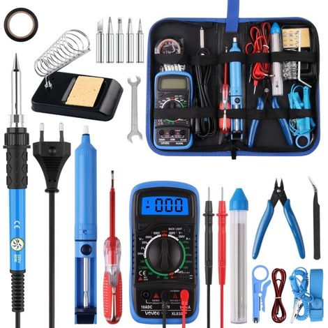 24-in-1 Lötkolben-set, 60 W, Einstellbare Temperatur Von 200 Bis 450 °c, Elektrisches Lötset Mit 5 Lötspitzen, Digitalmultimeter, Lötkolbenständer Und Entlötpumpe