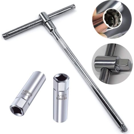 Professioneller 3/8-zoll-zündkerzenschlüssel Mit Dünnen Stecknüssen 14 Mm Und 16 Mm (2 Stück) + 25 Cm Verlängerung Und Verstellbarer T-schlüssel