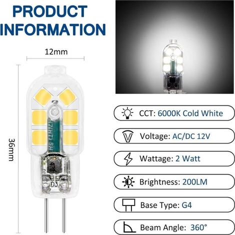 Ampoule Hotte Aspirante G4 Led 12v 2w Kaltweiß 6000k, 200lm, Halogen G4, Led Lampe G4 12v Ac Dc Für Wohnmobil/küchenabzugshaube, Nicht Dimmbar, 10er Pack [energieeffizienzklasse A+]