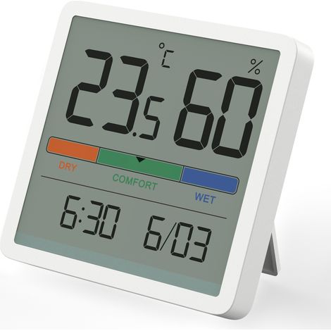 Innen-hygrometer-thermometer, Digitales Tischthermometer Mit Temperatur- Und Feuchtigkeitsmonitor, Präzises Raumthermometer Mit Feuchtigkeitsmesser Und Uhr (weiß)