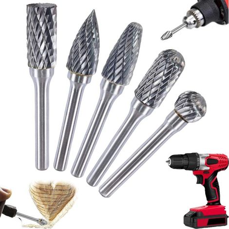 Ein Satz Von 5 Doppelschneidigen Rotationsfräsern Aus Wolframkarbid, Mit 6 Mm Schaft Und 10 Mm Kopf, Geeignet Für Holzbearbeitung, Schnitzen, Schleifen Und Gravur.