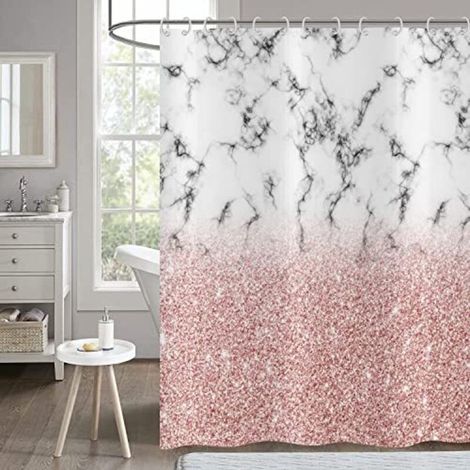 Duschvorhang Rosa Gold Glitzernd 180x180 - Grau Und Weiß Marmoroptik, Bad Abstrakt Modern Luxus Kunst Wasserdicht Polyester Stoff Waschbar