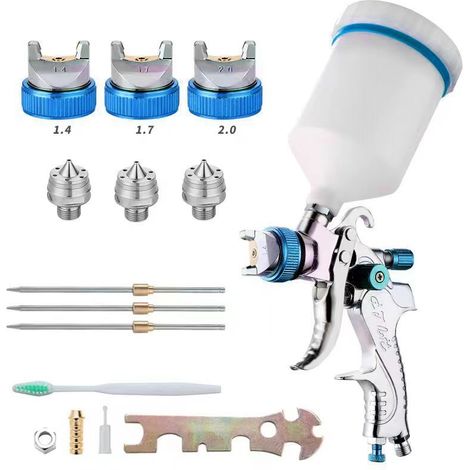 Professionelle Farbspritzpistole, Hochdruck-luftspritzpistolen-set, Pneumatische Hvlp-farbspritzpistole Mit Schwerkraftzufuhr 600cc, 1,4mm/1,7mm/2,0mm 3 Düsengrößen (blau)