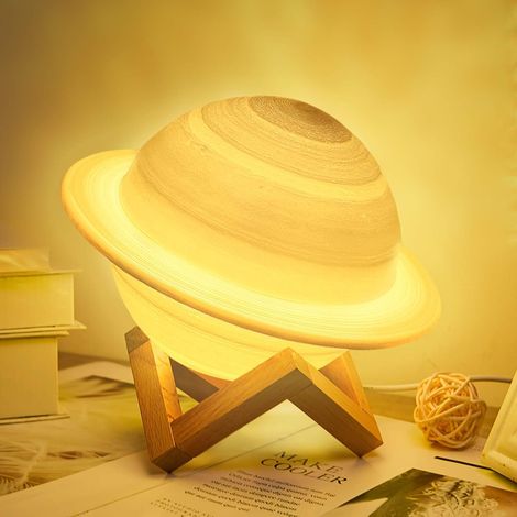 Lampe Lune 16 Farben Led Wiederaufladbare Saturn 3d Lampe 15cm Dimmbare Nachtlicht Mit Holzständer Und Hängenetz, Fernbedienung Und Touch-steuerung Perfektes Geschenk Für Babys Und Freunde