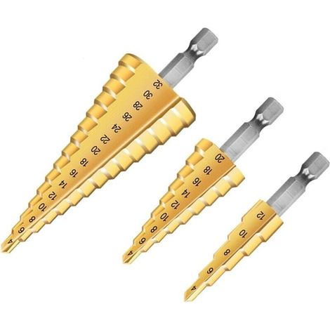 3 Stück Gestufte Metallbohrer, 4-12/20/32 Mm Konische Titan-stufenfräser Mit Dreieckiger Form, Stufenbohrer Mit Sechskantschaft Für Schrauber, Geeignet Für Metall, Stahl, Holz, Messing, Aluminium Und