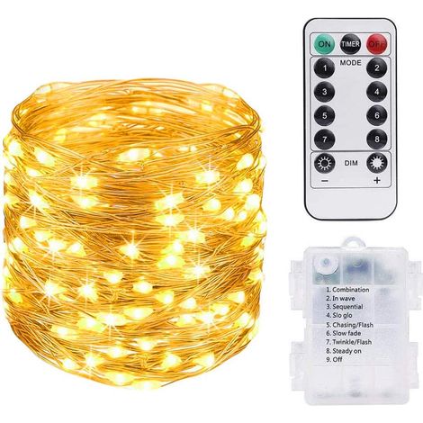 Lichterkette 10m 100led, Kupferdraht-lichterkette Mit Batteriebetrieb Und Fernbedienung Für Karneval, Party, Geburtstag, Hochzeit, Garten Ip65 - Warmweiß [energieklasse A++]