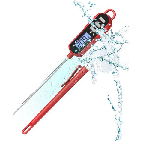 Küchenthermometer, Sofort Ablesbares Küchenthermometer Mit Langer Sonde Und Lcd-bildschirm, Wasserdicht Ipx6 Zum Kochen, Für Fleisch, Bbq - Rot