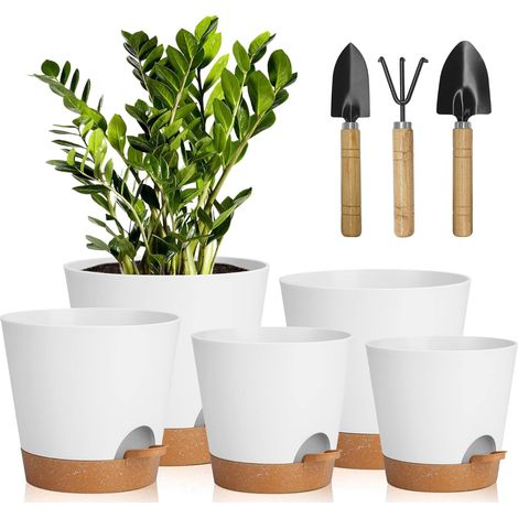 5 Stück Kunststoff-blumentöpfe, 7/6,5/6/5,5/5 Zoll Töpfe Für Blumen/pflanzen Aus Kunststoff, Selbstbewässernd Mit Untertasse, Geeignet Für Innen- Und Außenbereiche Wie Balkongärten (weiß Braun)