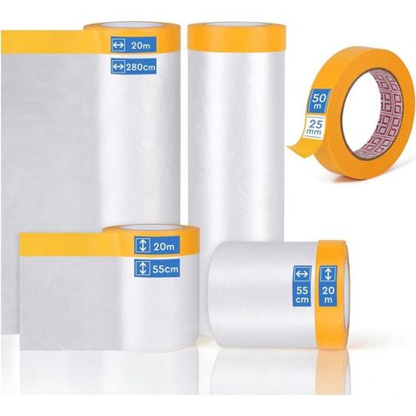 4 Rollen Malerschutzplane Mit Abdeckband, 280 Cm X 20 M X 1, 150 Cm X 20 M X 1, 55 Cm X 20 M X 2 Maskierungsfolie Und 1 Malerkreppband 25 Mm X 50 M