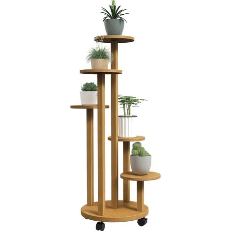 Bambus-pflanzenregal, Runde Blumenregale, Blumentopfständer, 5 Ebenen, Naturholz