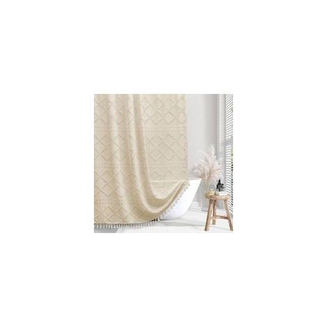 Boho-rustikaler Duschvorhang Aus Gewebtem Stoff – Moderner Und Minimalistischer Gestreifter Duschvorhang – 183 X 183 Cm – Texturiertes, Minimalistisches Zickzack-muster In Creme