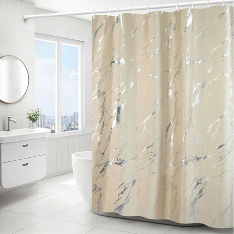 (beige) Einfacher Silberner Marmorierter Duschvorhang - 180x180 Cm, Maschinenwaschbarer Polyester-duschvorhang Mit Beschwertem Saum Und 12 Haken, Badezimmer-badewannenvorhänge
