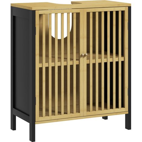 Badezimmer-waschtischschrank Mit 2 Lamellentüren Aus Bambus Und Mdf, Mit U-förmigem Ausschnitt, 60 X 30 X 70 Cm