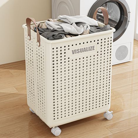 Wäschekorb Mit Rollen, Großer Zusammenklappbarer Wäschewagen Mit Rollen, Wäschekorb Mit Leichtgängigen Rädern, Multifunktionaler Organizer Für Schmutzwäsche, 46 X 38 X 22 Cm, Beige