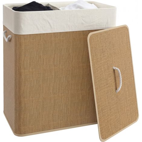 Wäschekorb Aus Bambus Mit 2 Fächern, Griffe Für Einfache Handhabung Und Abnehmbare, Waschbare Beutel 52 X 32 X 63 Cm