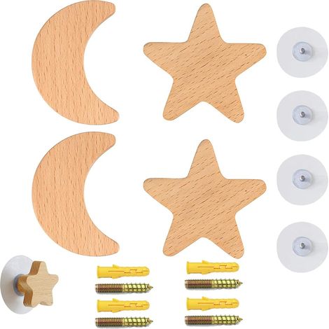 4-teiliges Selbstklebendes Wandhaken-set Aus Holz In Stern- Und Mondform – Kleiderbügel-haken Für Jacken, Kleidung, Hüte, Schals Und Kopfhörer, Geeignet Für Schlafzimmer, Wohnzimmer Und Flur