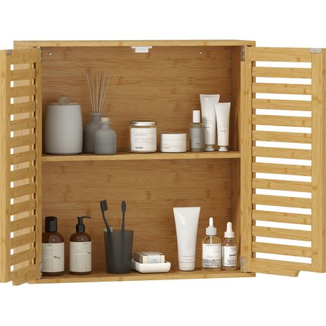Wandschrank Für Badezimmer, Aufbewahrungsmöbel Mit Verstellbarem Regal, Aus Bambus 60 X 20 X 60 Cm In Natürlicher Holzoptik