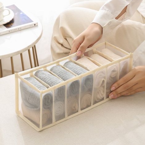 Beige Aufbewahrungsbox Für Unterwäsche, Mit 7 Fächern Und Einem Faltbaren Schubladentrenner, Ideal Für Zuhause, Den Kleiderschrank Und Reisen.