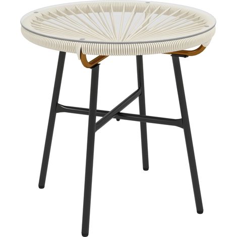 Runder Gartentisch Aus Kunstharz In Rattan-optik Mit Metallgestell Und Glasplatte, Ø 50 X 50 Cm, Cremefarben