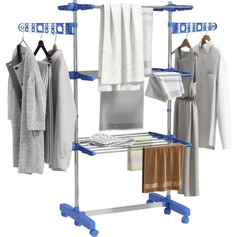 Wäscheständer Klappbar Mit Seitlichen Flügeln, Für Innen- Und Außenbereich, 3 Ebenen, 142 X 55 X 152 Cm, Blau