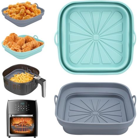 Silikonform Für Heißluftfritteuse, 2 Stück Wiederverwendbare Frittierkorb-formen, Quadratische Faltbare Auskleidung Für Heißluftfritteuse, Mikrowelle Und Ofen (blau+grau)