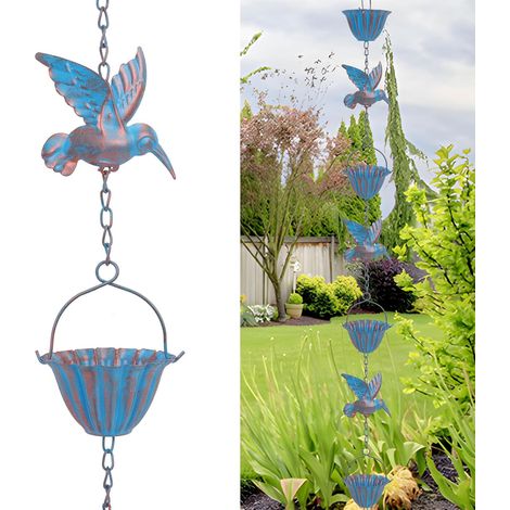 2,4 M Regenketten Mit Kolibris – Retro Blaue Metallkette, 7 Vögel Und 7 Becher Für Dachrinnen, Garten- Und Hausdekoration