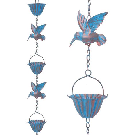 2,4 M Regenketten Mit Kolibris – Retro Blaue Metallkette, 7 Vögel Und 7 Becher Für Dachrinnen, Gartendekoration