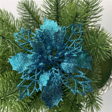 Set Aus 12 Künstlichen Glitzer-weihnachtsstern-blüten Für Den Weihnachtsbaum (lagunenblau, 11 Cm)
