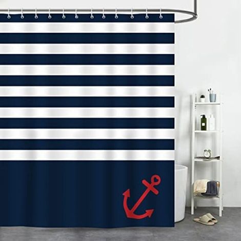 Duschvorhang Mit Blauen Streifen Und Nautischem Ankermotiv, 180 X 180 Cm, Duschvorhang Aus Polyester, Schimmelresistent Und Wasserdicht, Badezimmer-vorhang Mit 12 Ringen Und Haken Für Badewanne