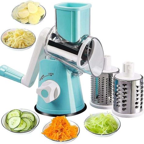 Rotary Hand Gemüsereibe, Multifunktionale Trommelreibe, Mit 3 Edelstahlklingen (blau)