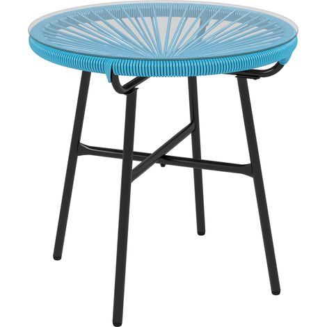 Runder Gartentisch Aus Harz Im Rattan-look, Mit Metallgestell Und Tischplatte Aus Gehärtetem Glas, Ø 50 X H 50 Cm