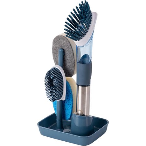 4-in-1 Geschirrbürste Mit Flüssigkeitsspender, Geschirrbürste Mit Griff Und Halterung, Austauschbare Küchenbürste Für Geschirr, Reinigung Von Töpfen, Spüle, Blau
