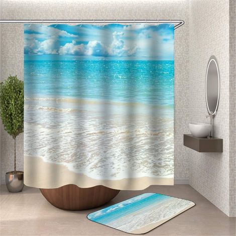 Maschinenwaschbarer Duschvorhang, Schimmelresistent, 3d-druck Aus Wasserdichtem Polyester, Badezimmer-vorhänge Mit 12 Haken Zur Dekoration (meerwasser, 150x180 Cm)