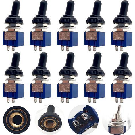 10 Stück Mini-kippschalter, Ac 125v/6a, 250v/3a, 2-polig Spdt Ein-aus, 2 Positionen Selbsthaltend Für Autoteile (blau + 10 Stk. Wasserdichte Kappen)