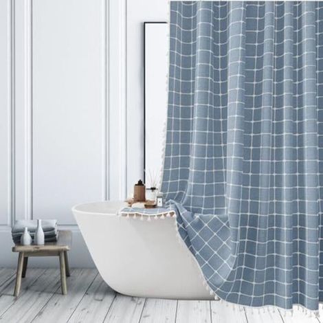 Boho-duschvorhang Blau, Duschvorhänge Für Badezimmer Im Rustikalen, Minimalistischen, Ländlichen Und Modernen Stil, Schwerer Leinenstoff-badewannenvorhang Mit Quasten, 180x180 Cm