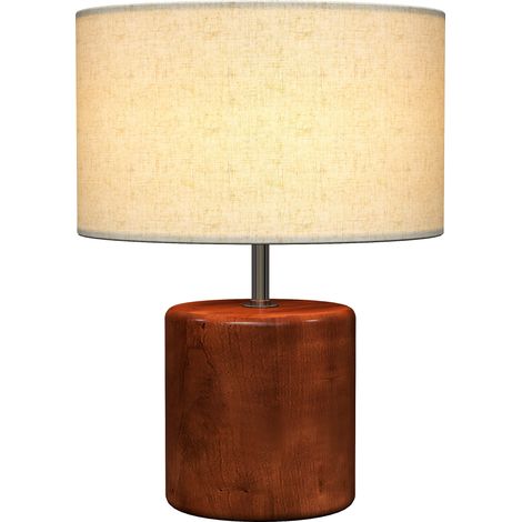 Rustikale Tischlampe, Nachttischlampe Mit Holzfuß, Leinenschirm, Wippschalter, Braun