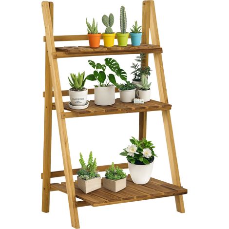 Pyramidenförmiges, Klappbares Holz-pflanzenregal Mit Leiter-design, 3 Ebenen, 60 X 37 X 93 Cm, Braun
