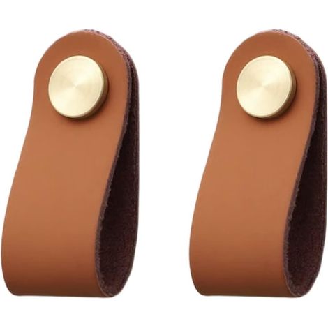 2er-set Schrankgriffe Aus Messing Und Braunem Leder, 65 Mm Lang, Mit Schrauben Für Schränke