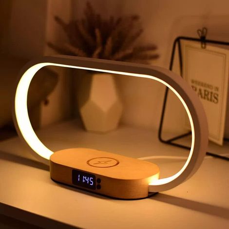 Nachttischlampe Mit 10-w-schnellladefunktion, Uhr, Usb-anschluss, Nachttischlampe, Stufenlos Dimmbar, 3 Farbmodi