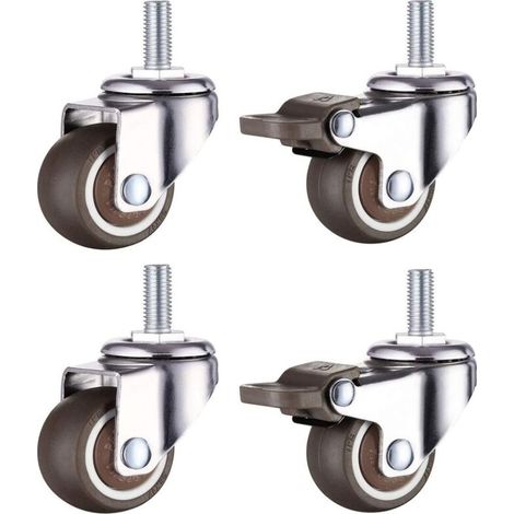 Satz Mit 4 Kleinen Möbelrollen - 25 Mm - Weiches Tpe-gummi - M6 X 15 Mm - Gewinde (2 Stück Mit Bremse) (25 Mm)