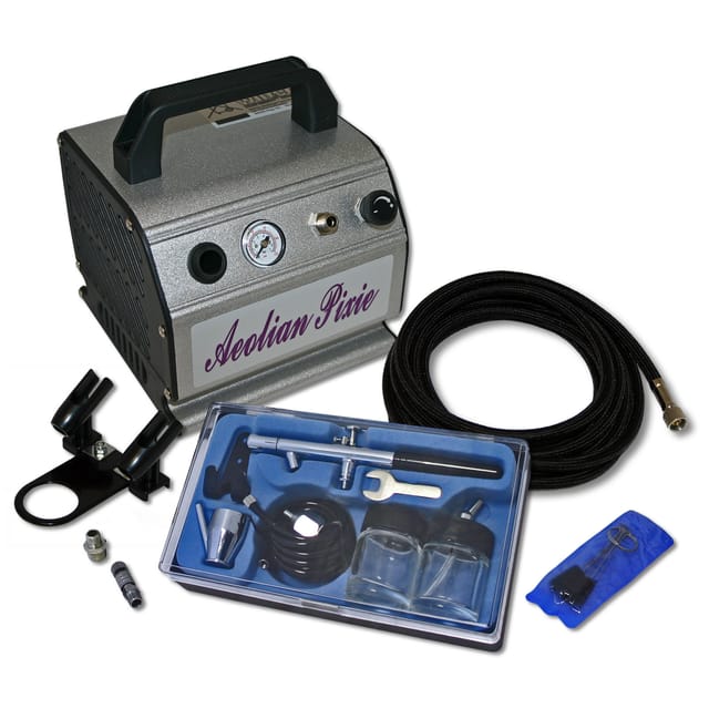Wiltec Einsteiger Airbrush Kompressor Set AS176 mit 1 Airbrushpistole Typ 128 und umfangreichem Zubehör, 0,3 l Drucktank, für Modellbau, Tattoos,
