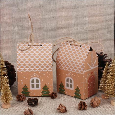 10 Stück Weihnachts-kraftpapier-geschenkboxen In Hausform Mit Schnur, Süßigkeitengeschenktüten, Verpackungsbox Für Kinder, Neujahrsgeschenkbox