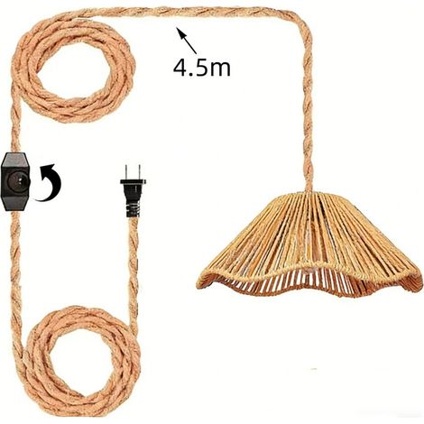 E27-fassung Mit Schalter Und Hanfseilkabel 4,5 M, Vintage-messing-pendelleuchte, Kronleuchter Mit Geflochtenem Hanfschirm, Industrielle Diy-hängelampe Mit Clip