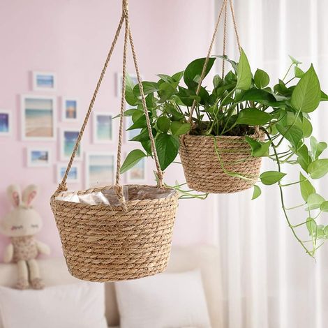 Brauner Hängender Blumentopf, Durchmesser 20 Cm, Höhe 13 Cm, 2 Faltbare Spitzenkörbe Für Sukkulenten