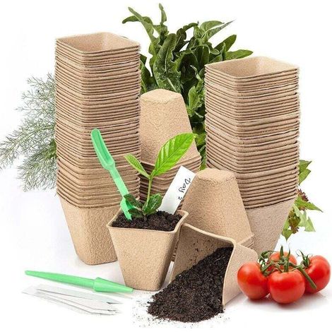 100 Stück Biologisch Abbaubare Anzuchttöpfe, 8 Cm Quadratische Pikiertöpfe, Pflanztöpfe Für Die Gartenarbeit Mit 100 Pflanzenetiketten Für Samen, Gemüse, Blumen Und Sukkulenten