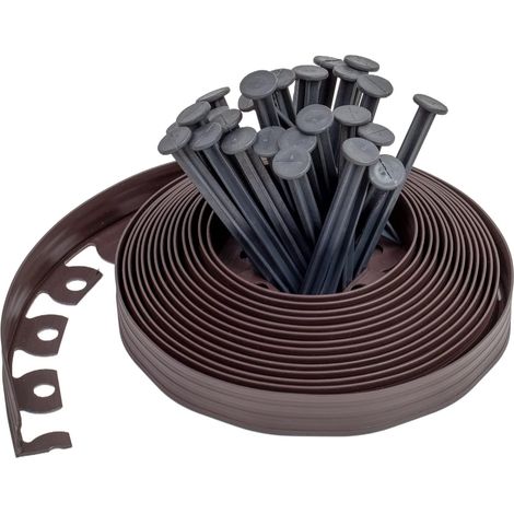 Gartenrand Aus Kunststoff, 10 Meter Mit 30 Erdankern, Flexibler Rasenrand, Grasbegrenzung Mit Stabilen Pflöcken, Gartenidee, Höhe 50 Mm, Stärke 3 Mm, Braun