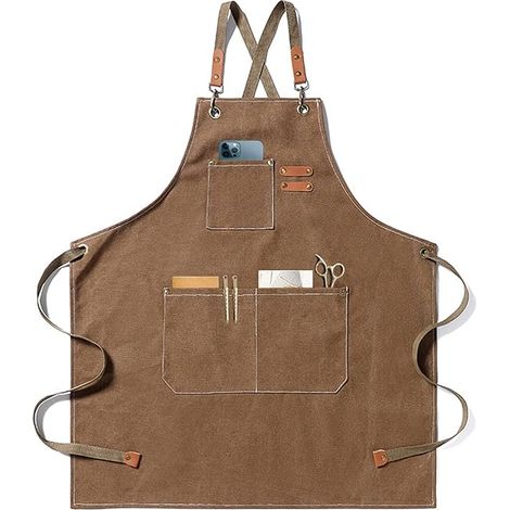 Schürze, Gartenarbeitsschürze Aus Baumwollstoff Mit Großen Taschen Für Männer Und Frauen, Küchenschürze, Robuste Verstellbare Gartenschürze - Kaffee